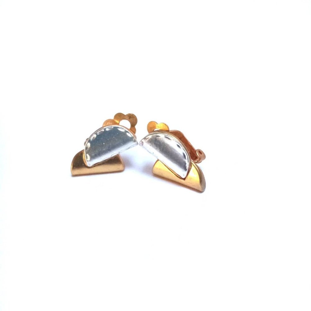 Vintage Modern Design Earrings, 1970s retro Clip On , Tow Tone Gold plated, - Picture 1 of 9